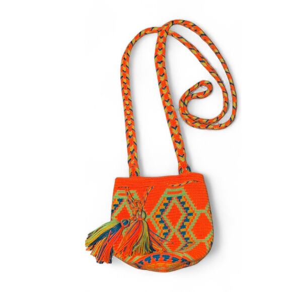 Mini Wayuu Mochila Crossbody Bag | Orange & Green Pattern | Handmade - Picture 2 of 3